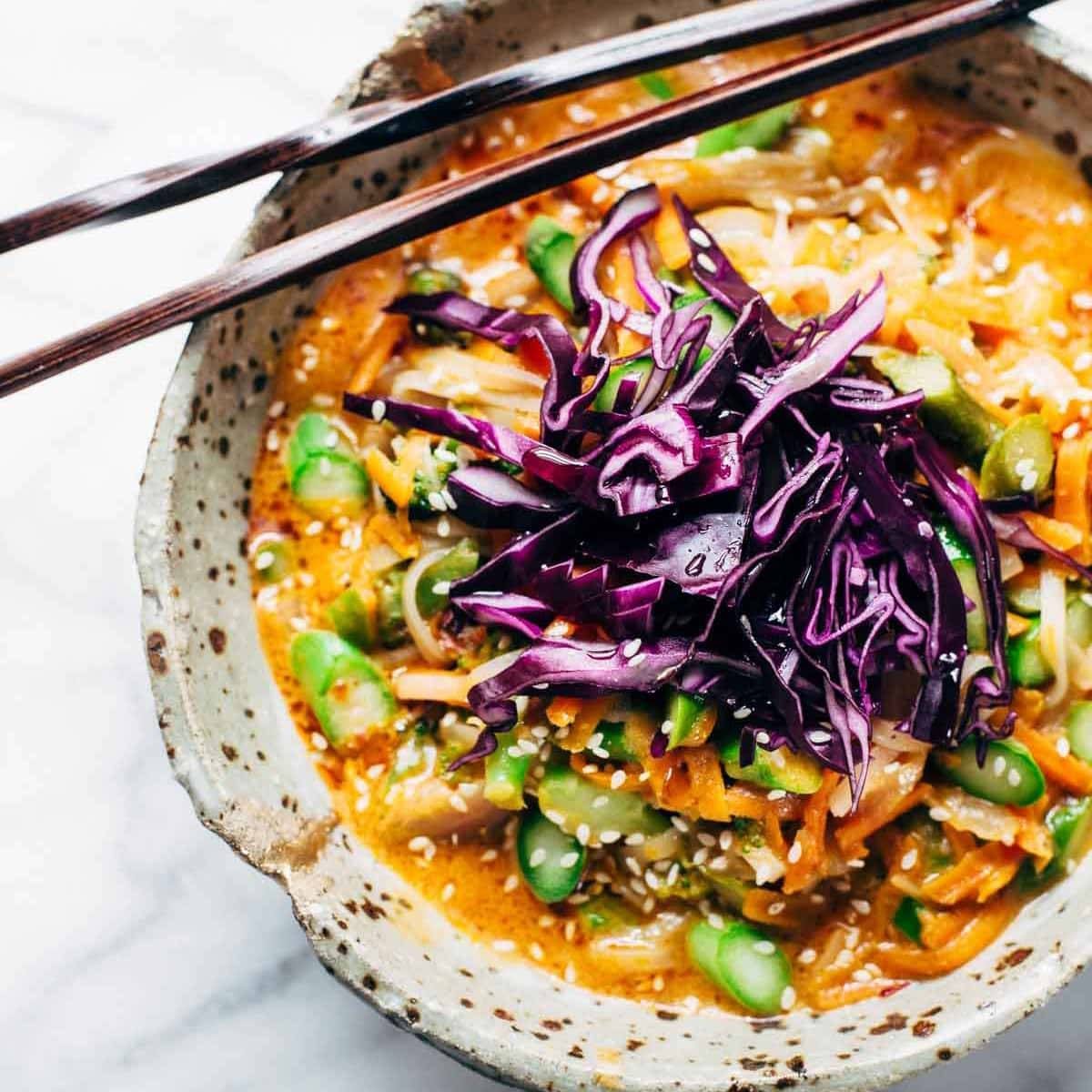 Curry noodles in a bowl.