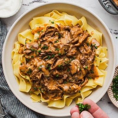 Beef stroganoff in a bowl.