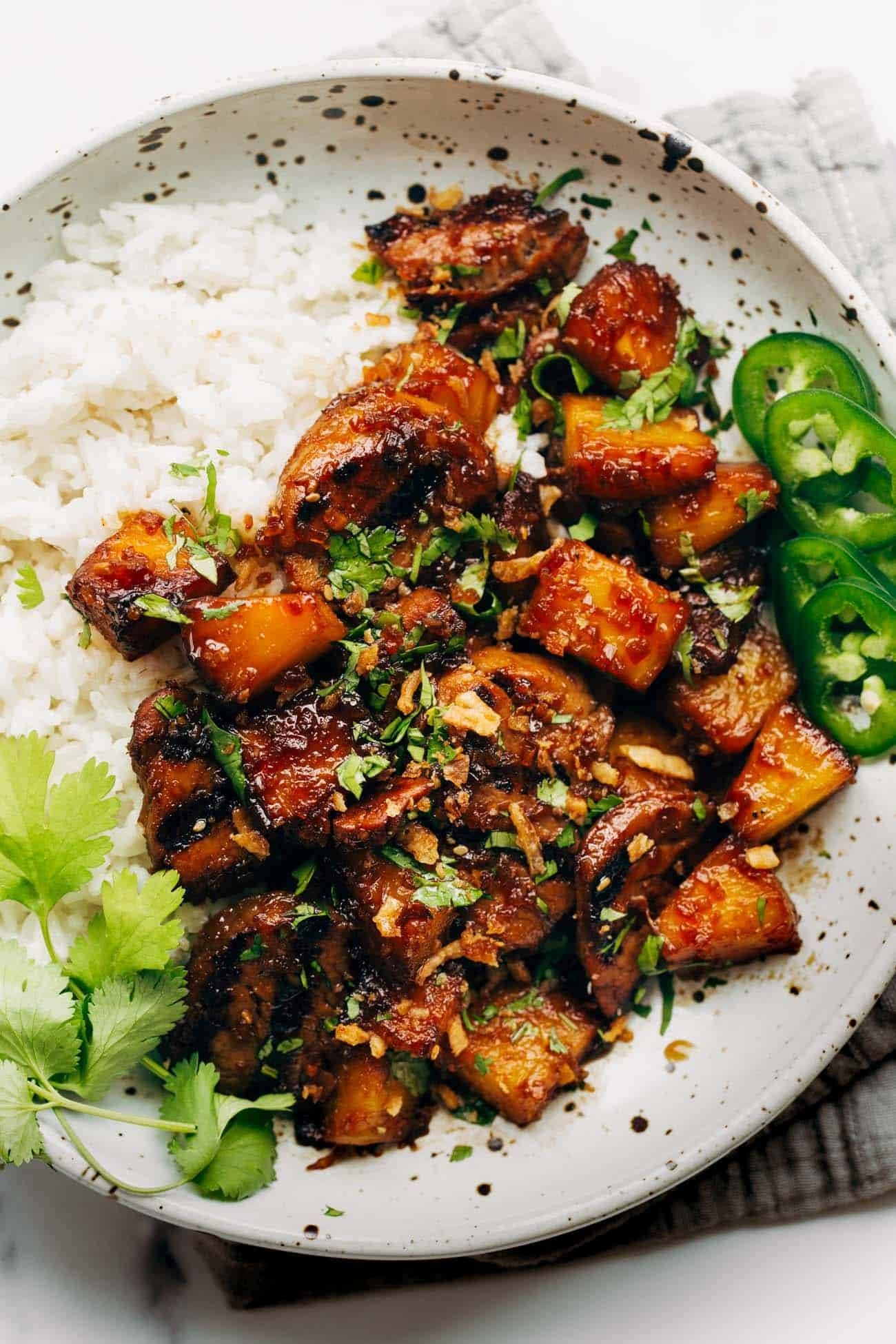 Pineapple pork with peppers and white rice.