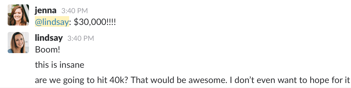 A screenshot of a conversation between two people named Jenna and Lindsay talking about fundraiser.